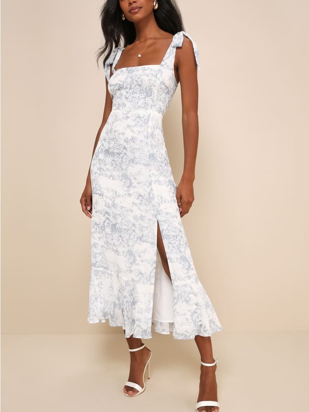 Lulus Summer Invite White and Blue Toile Tie-Strap Tiered Midi Dress Size XL NWT